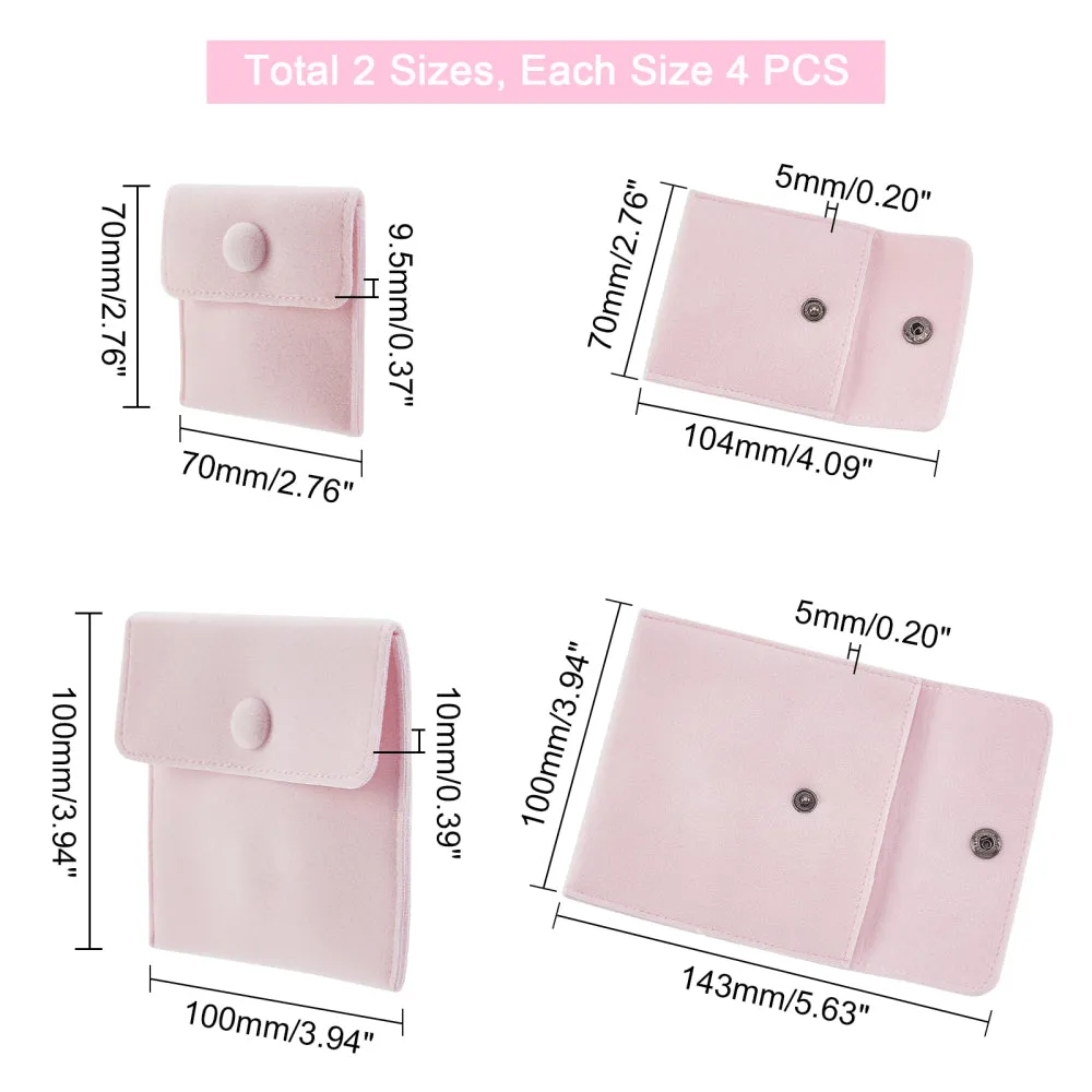 1 Bag 8Pcs 2 Styles Square Velvet Cloth Bag 14.3x10cm,10.4x7cm Pink Velvet Jewelry Bags with Snap Fastener Cloth Gift Pouches for Jewelry Bracelet Headphones Bag Beads Gift Baggies
