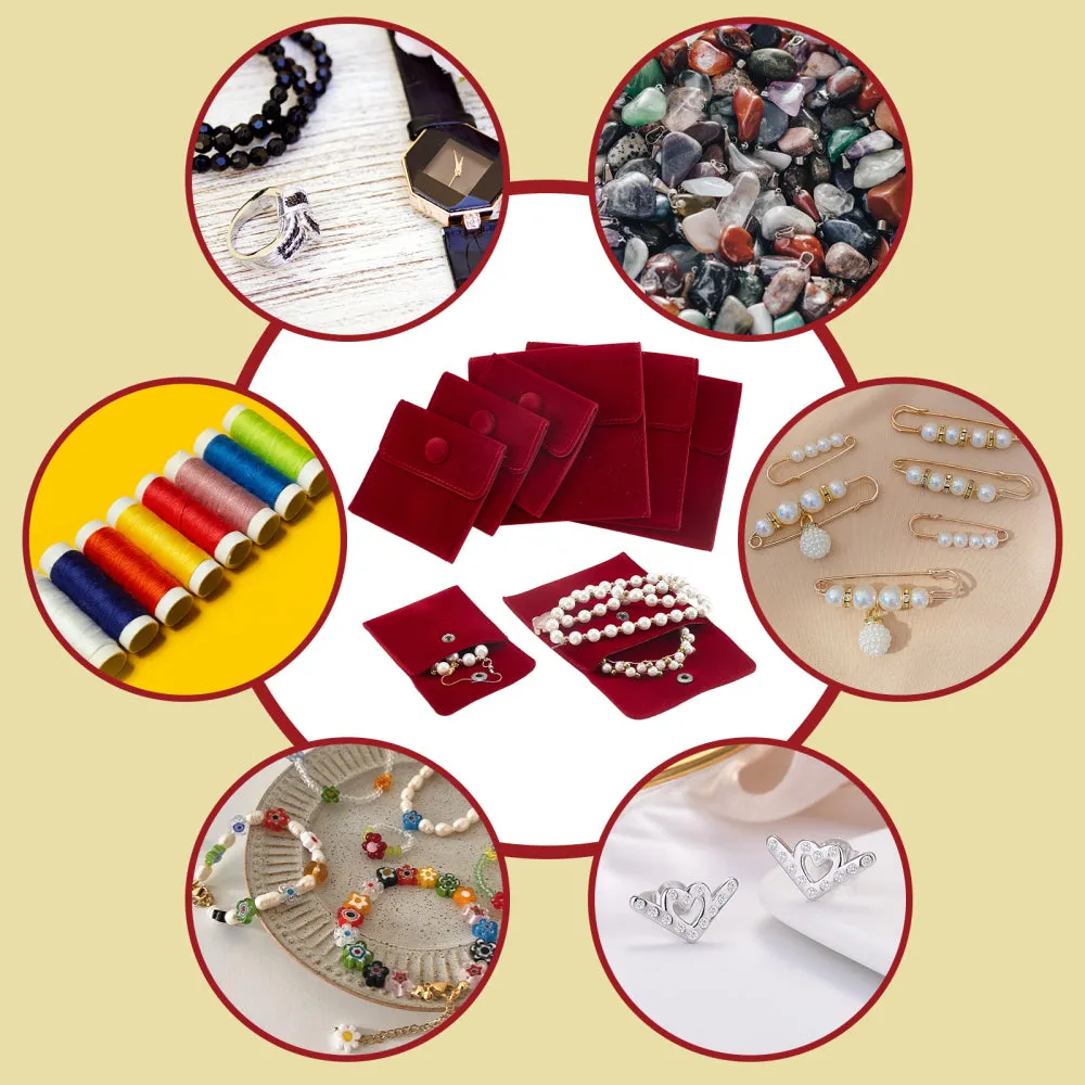 1 Bag 8Pcs 2 Styles Square Velvet Cloth Bag 7cm 10cm Dark Red Velvet Jewelry Bags with Snap Fastener Cloth Gift Pouches for Jewelry Bracelet Headphones Bag Beads Spice Gift Baggies