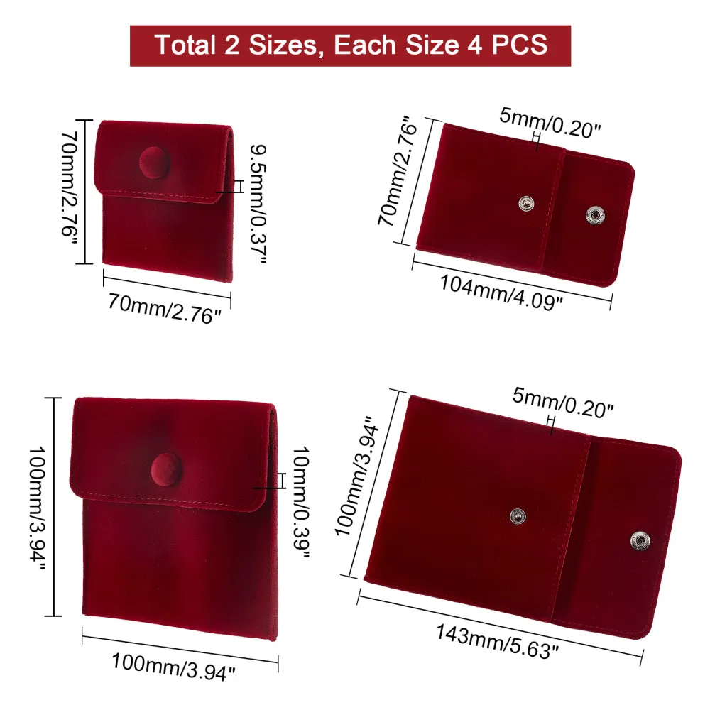 1 Bag 8Pcs 2 Styles Square Velvet Cloth Bag 7cm 10cm Dark Red Velvet Jewelry Bags with Snap Fastener Cloth Gift Pouches for Jewelry Bracelet Headphones Bag Beads Spice Gift Baggies