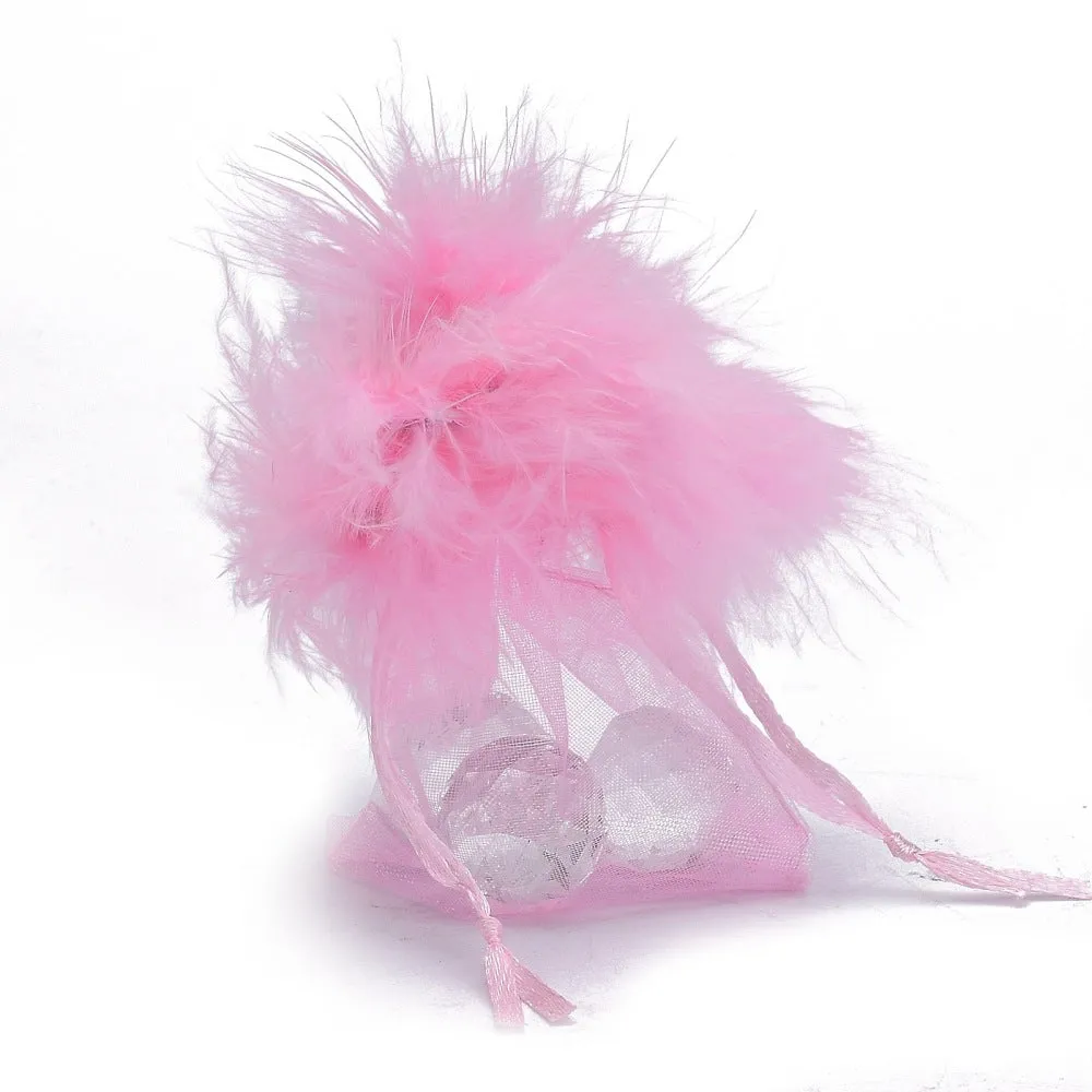 1 Bag Organza Gift Bags, with Drawstring and Feather, Jewelry Pouches Bags, for Wedding Party Candy Mesh Bags, Rectangle, 9x7.5x0.05cm