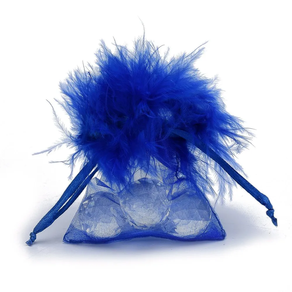 1 Bag Organza Gift Bags, with Drawstring and Feather, Jewelry Pouches Bags, for Wedding Party Candy Mesh Bags, Rectangle, 9x7.5x0.05cm