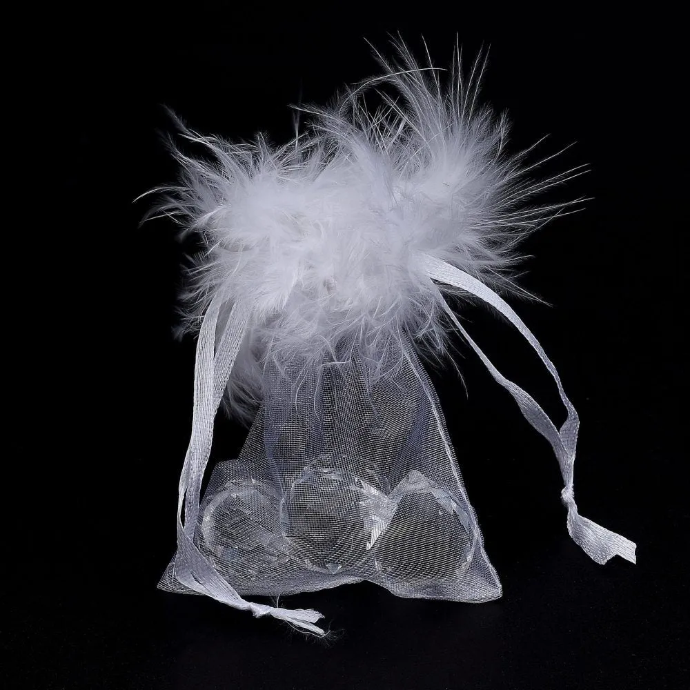 1 Bag Organza Gift Bags, with Drawstring and Feather, Jewelry Pouches Bags, for Wedding Party Candy Mesh Bags, Rectangle, 9x7.5x0.05cm