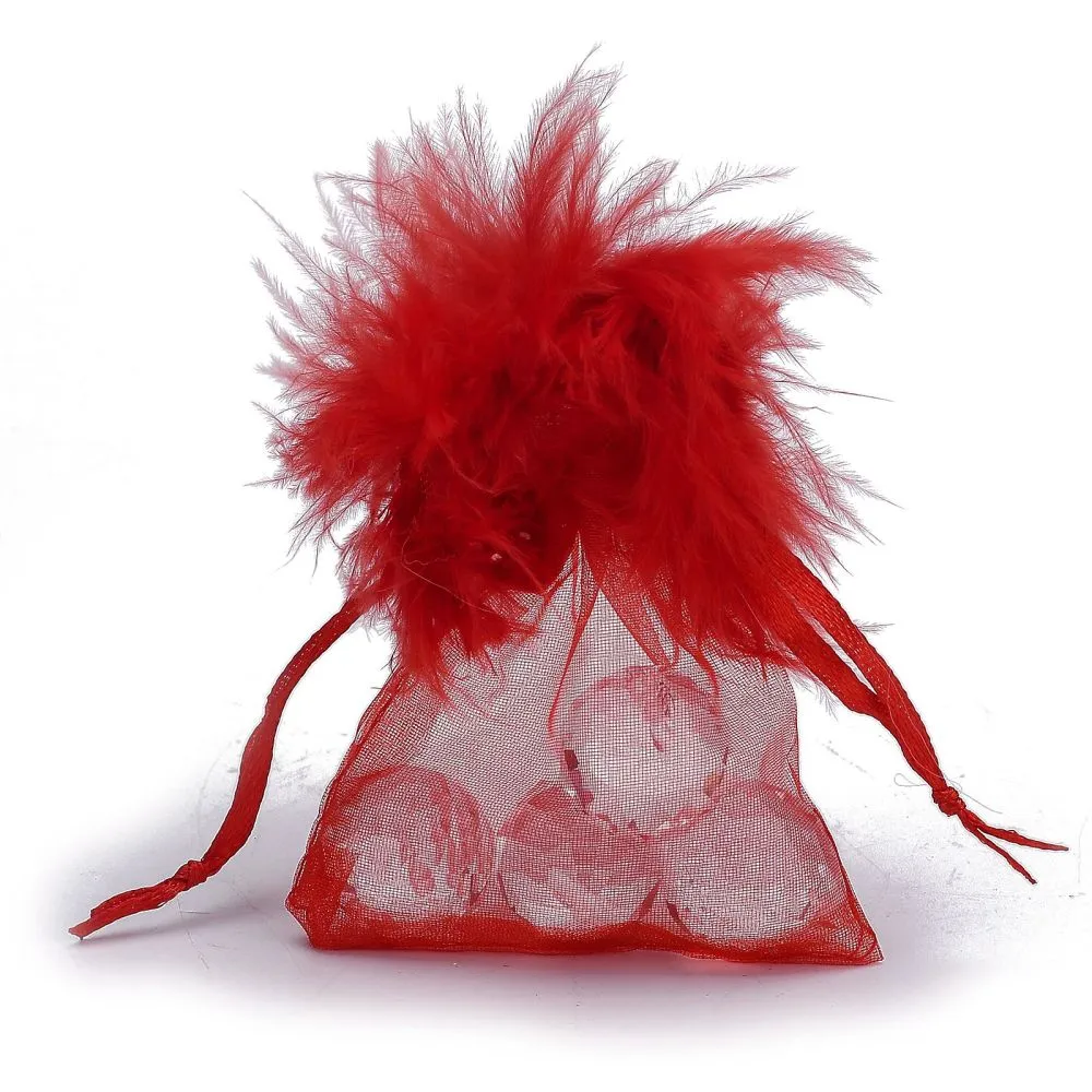 1 Bag Organza Gift Bags, with Drawstring and Feather, Jewelry Pouches Bags, for Wedding Party Candy Mesh Bags, Rectangle, 9x7.5x0.05cm