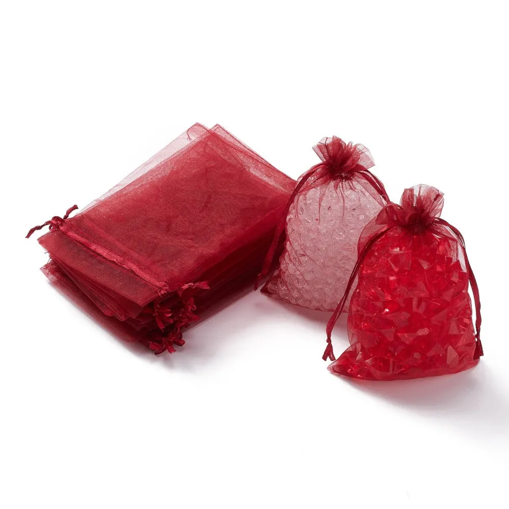 100 pc Organza Gift Bags with Drawstring, Jewelry Pouches, Wedding Party Christmas Favor Gift Bags, Red, 15x10cm