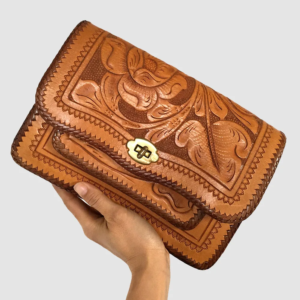 1950s Tooled-Leather Floral Motif Clutch Bag