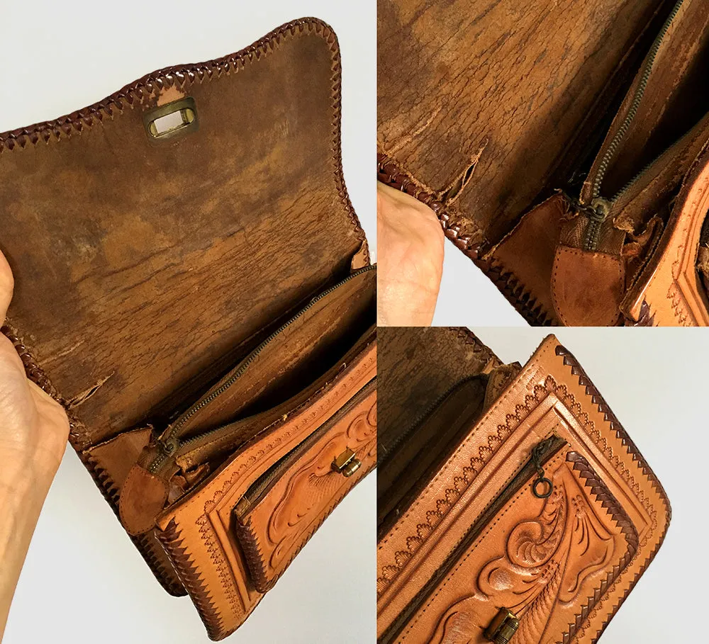 1950s Tooled-Leather Floral Motif Clutch Bag