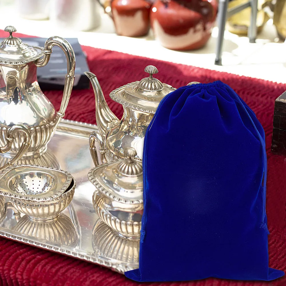 5 pc 5pcs Blue Velvet Drawstring Bags, 9.8x13.7 inch Jewelry Pouches Storage Bags Large Gift Bags Party Favor Treat Bags for Jewelry Silverware Flatware Candy Wedding Favor Christmas Storage