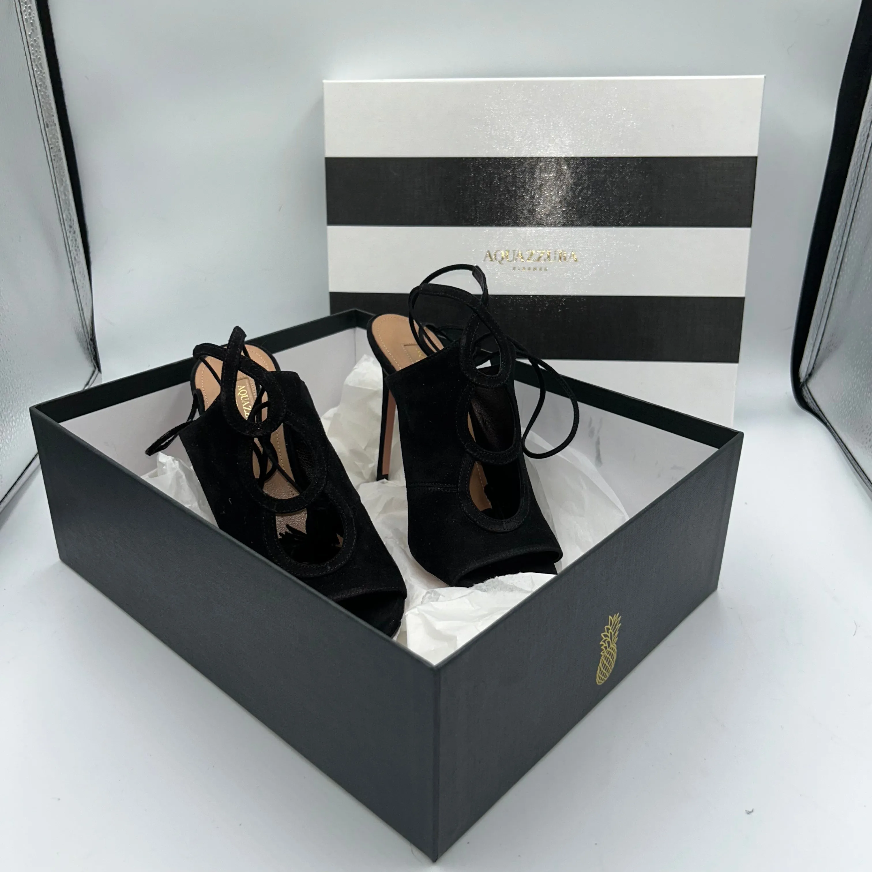 Aquazurra Brand New Black Suede Mar Sandal Heels 37.5