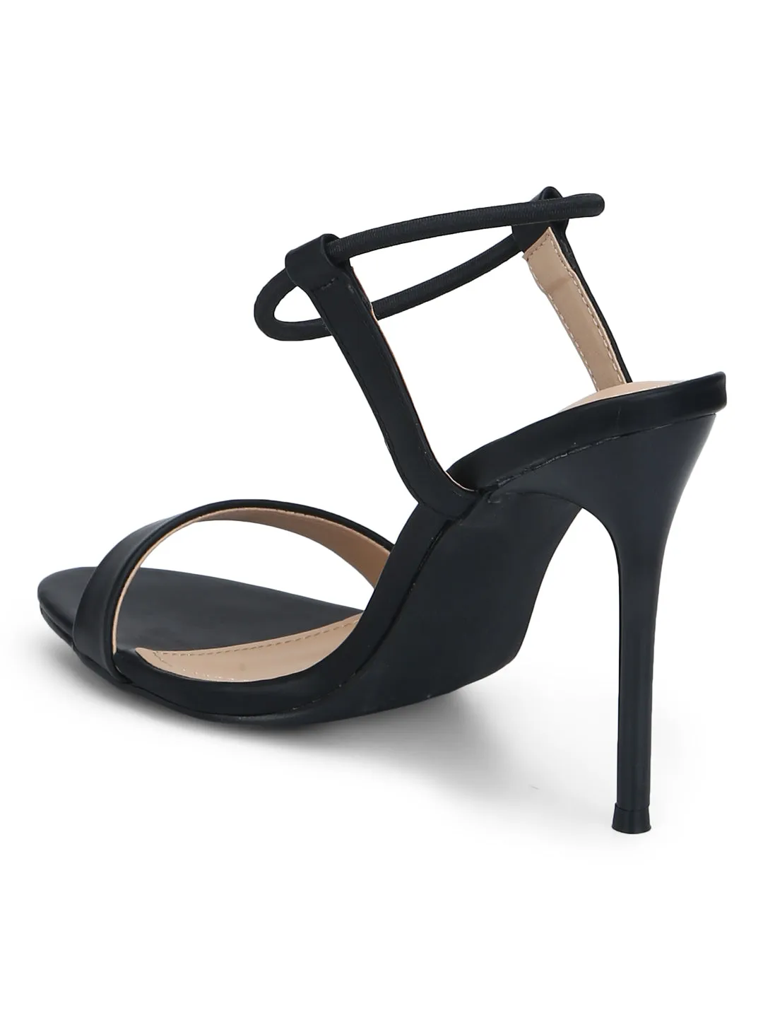 Black PU Round Ankle Strap Stilettos