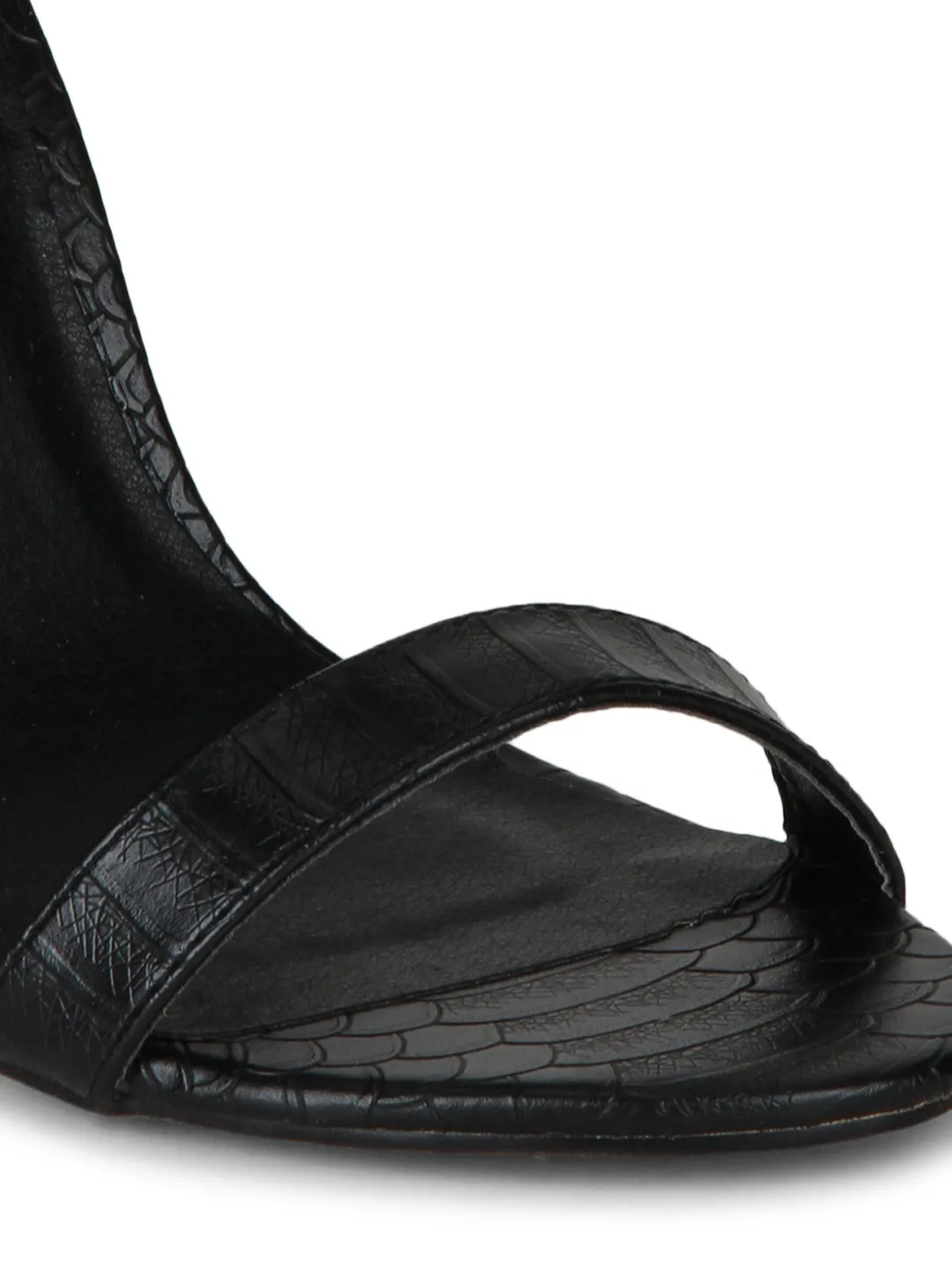 Black PU Snake Ankle Strapped Stilettos
