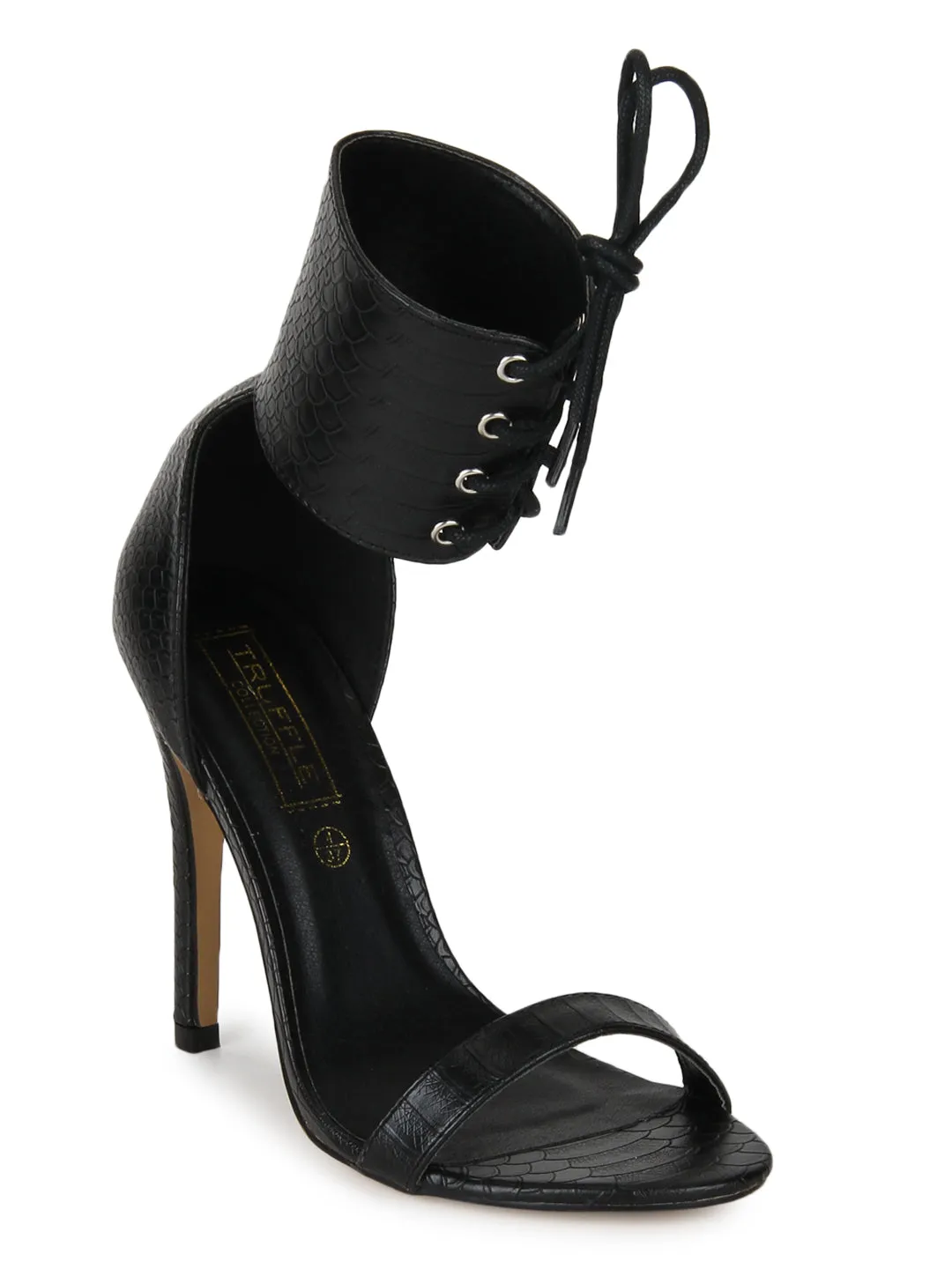 Black PU Snake Ankle Strapped Stilettos