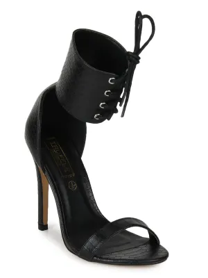 Black PU Snake Ankle Strapped Stilettos