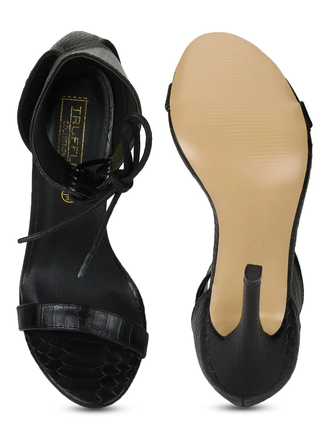 Black PU Snake Ankle Strapped Stilettos