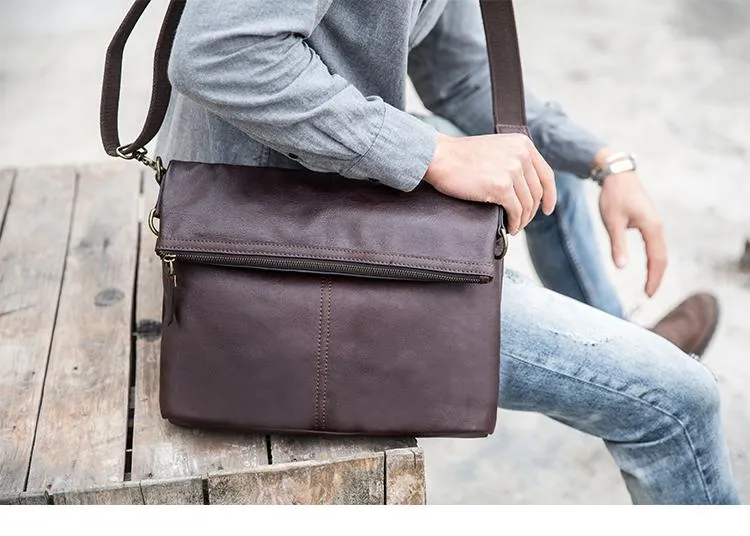 Brown Cool Leather Mens 11 inches Side Bags Messenger Bags Khaki Leather Courier Bag for Men