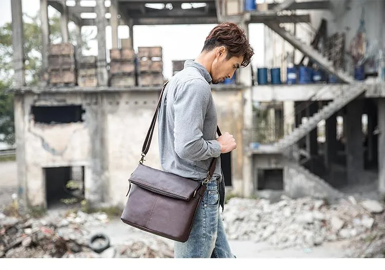 Brown Cool Leather Mens 11 inches Side Bags Messenger Bags Khaki Leather Courier Bag for Men