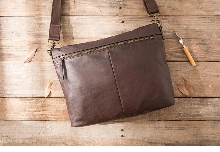 Brown Cool Leather Mens 11 inches Side Bags Messenger Bags Khaki Leather Courier Bag for Men