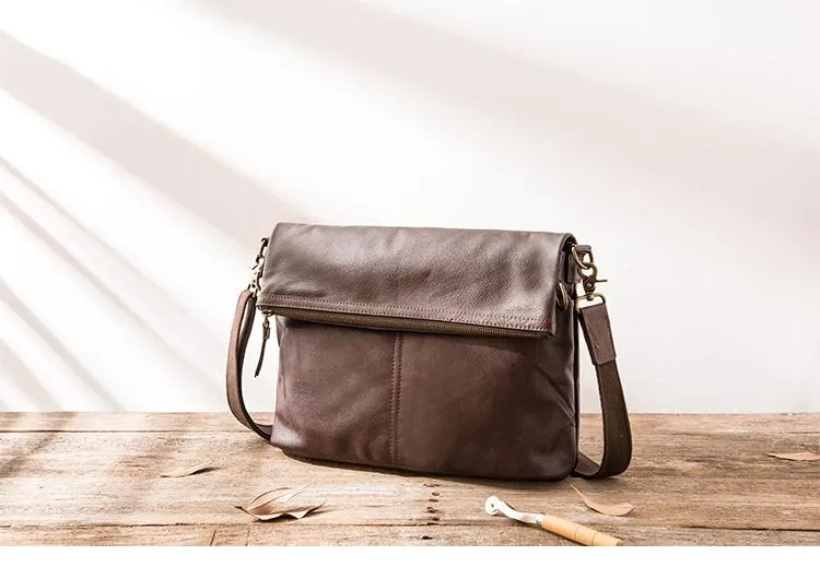 Brown Cool Leather Mens 11 inches Side Bags Messenger Bags Khaki Leather Courier Bag for Men