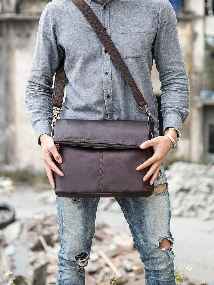 Brown Cool Leather Mens 11 inches Side Bags Messenger Bags Khaki Leather Courier Bag for Men