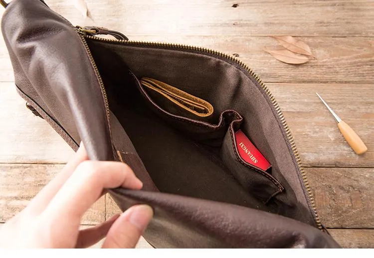 Brown Cool Leather Mens 11 inches Side Bags Messenger Bags Khaki Leather Courier Bag for Men