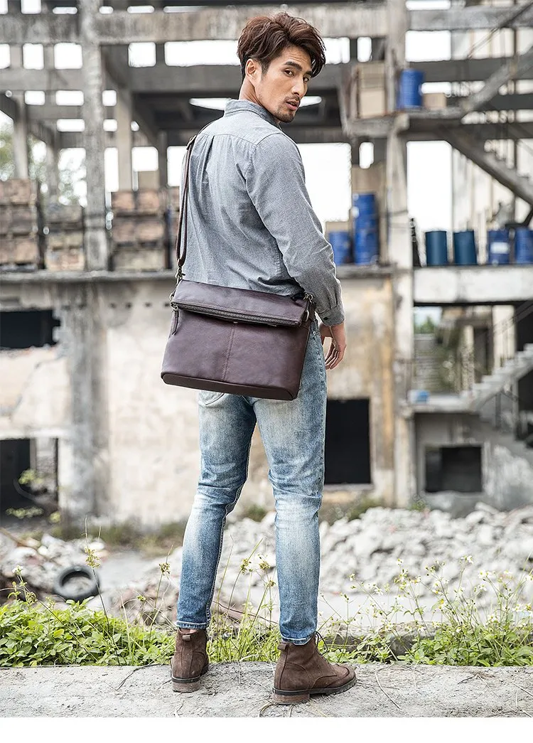 Brown Cool Leather Mens 11 inches Side Bags Messenger Bags Khaki Leather Courier Bag for Men
