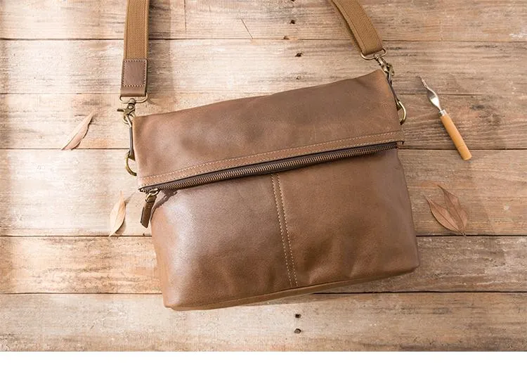 Brown Cool Leather Mens 11 inches Side Bags Messenger Bags Khaki Leather Courier Bag for Men