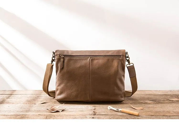 Brown Cool Leather Mens 11 inches Side Bags Messenger Bags Khaki Leather Courier Bag for Men