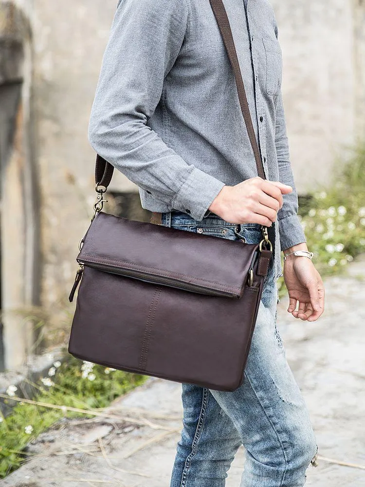 Brown Cool Leather Mens 11 inches Side Bags Messenger Bags Khaki Leather Courier Bag for Men