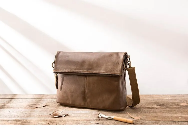 Brown Cool Leather Mens 11 inches Side Bags Messenger Bags Khaki Leather Courier Bag for Men