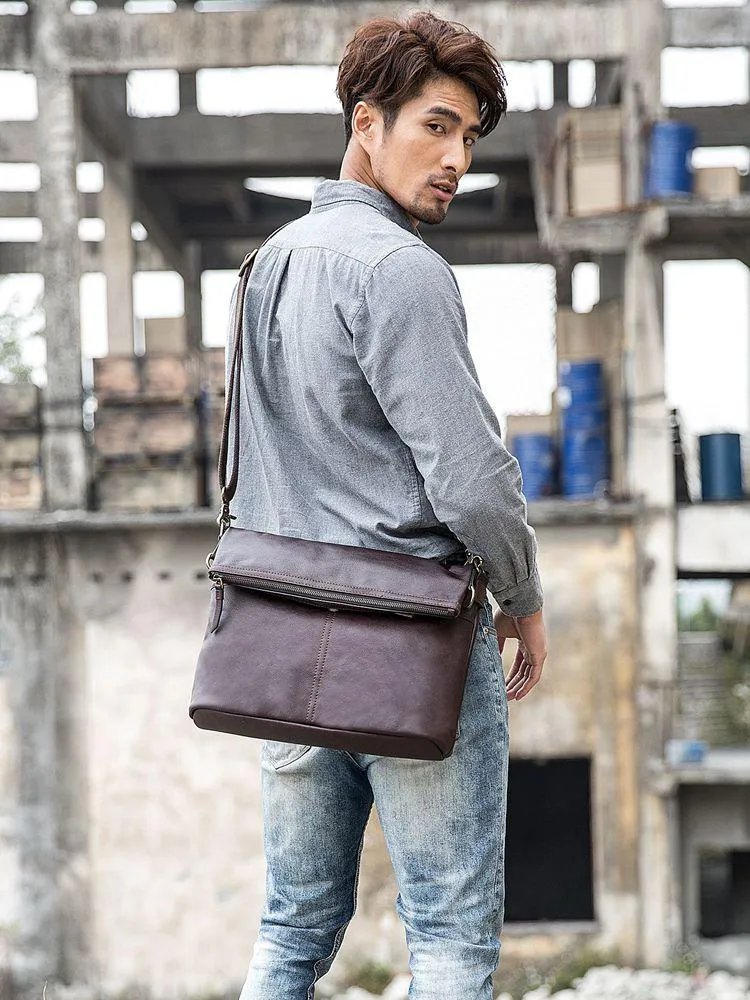 Brown Cool Leather Mens 11 inches Side Bags Messenger Bags Khaki Leather Courier Bag for Men