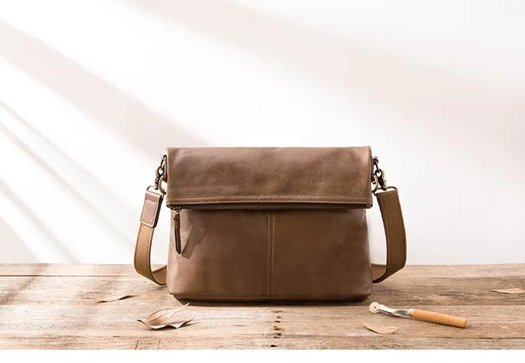 Brown Cool Leather Mens 11 inches Side Bags Messenger Bags Khaki Leather Courier Bag for Men