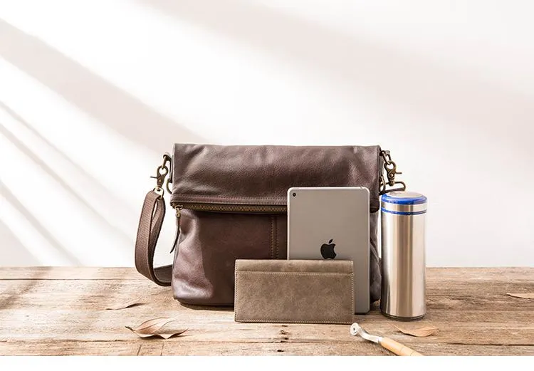 Brown Cool Leather Mens 11 inches Side Bags Messenger Bags Khaki Leather Courier Bag for Men