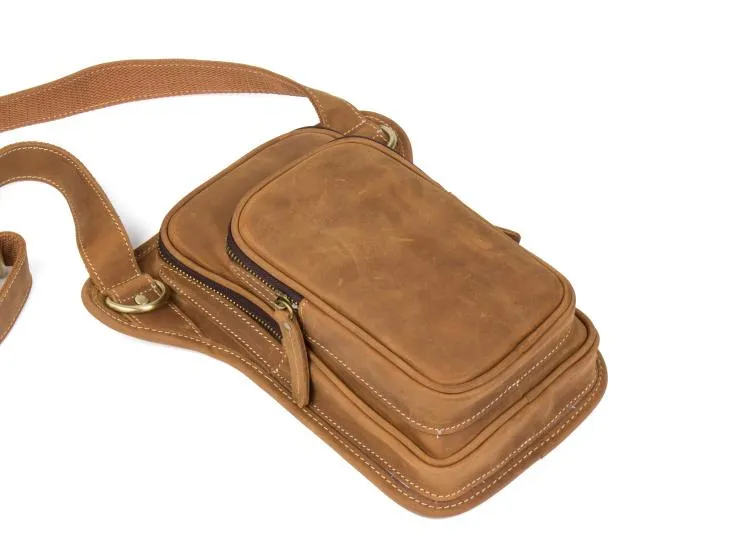 Brown Leather 8 inches Mens Small Messenger Bags Chest Bags Sling Bags for Men