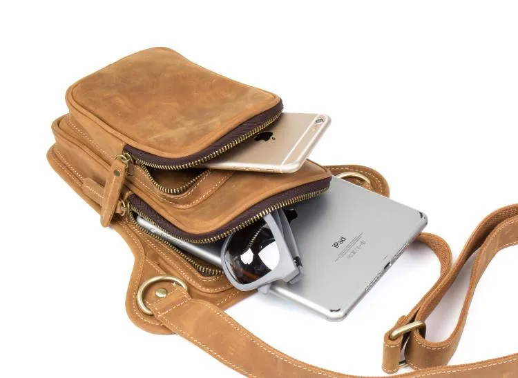 Brown Leather 8 inches Mens Small Messenger Bags Chest Bags Sling Bags for Men