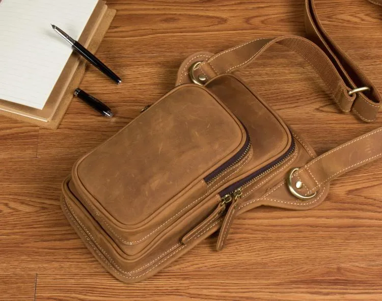 Brown Leather 8 inches Mens Small Messenger Bags Chest Bags Sling Bags for Men