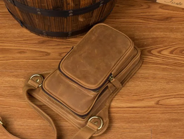 Brown Leather 8 inches Mens Small Messenger Bags Chest Bags Sling Bags for Men
