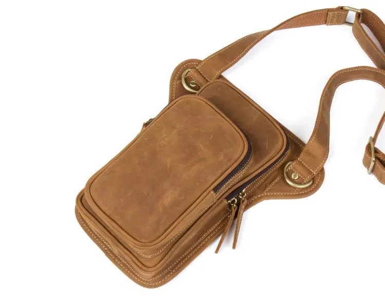 Brown Leather 8 inches Mens Small Messenger Bags Chest Bags Sling Bags for Men
