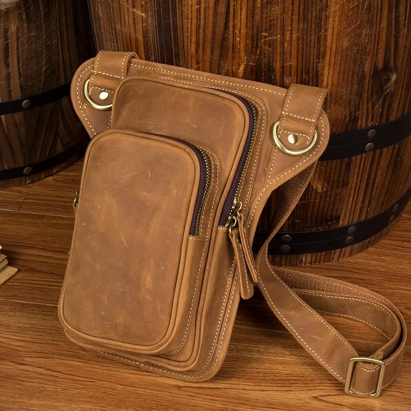 Brown Leather 8 inches Mens Small Messenger Bags Chest Bags Sling Bags for Men