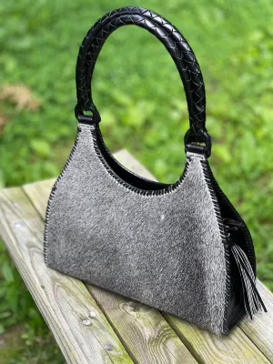 Calf Hair Leather Shoulder Hobo Bag, ALLE "LUNA PELO", Gray Tones