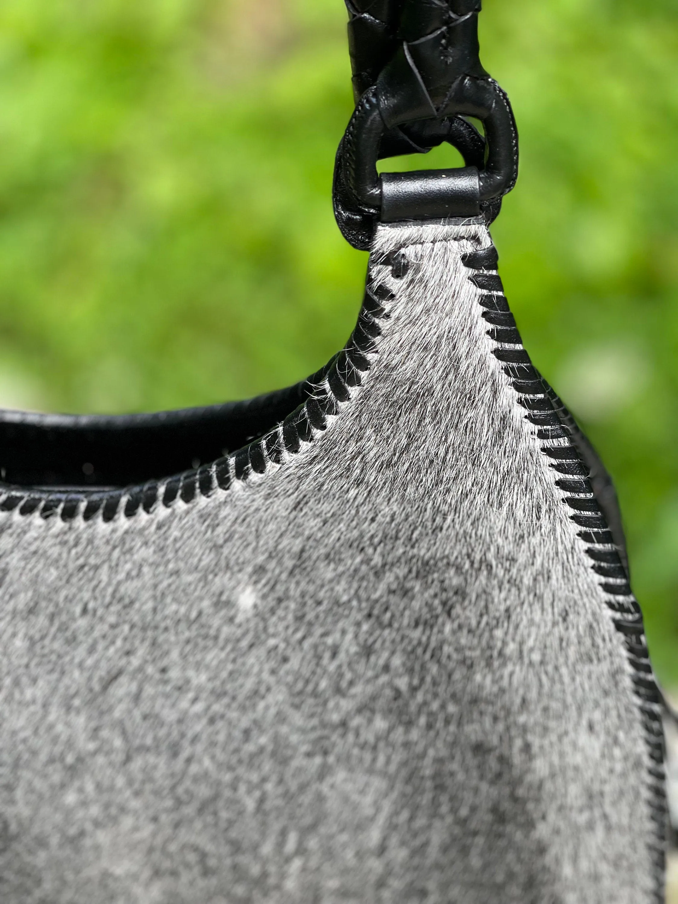 Calf Hair Leather Shoulder Hobo Bag, ALLE "LUNA PELO", Gray Tones