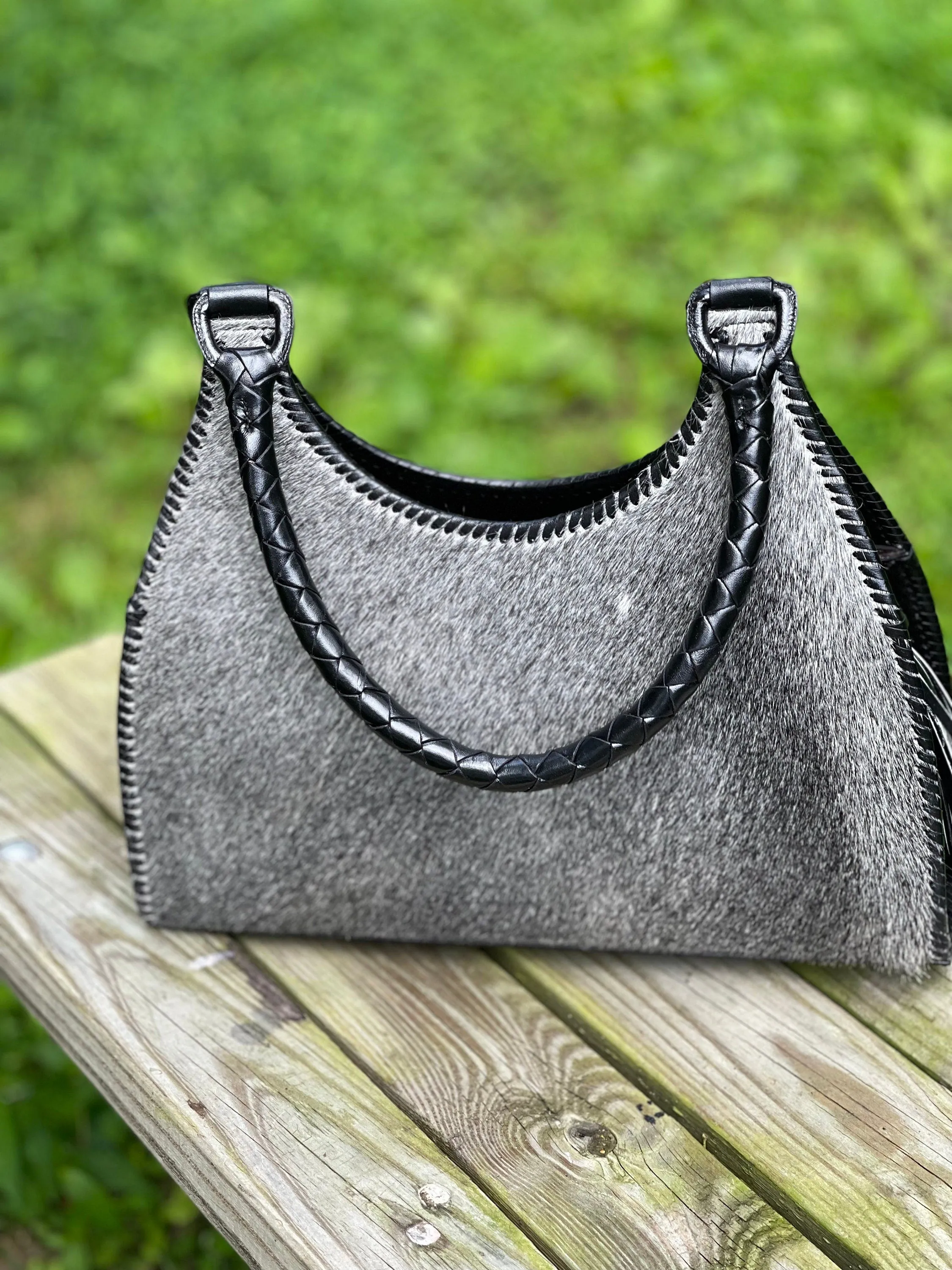 Calf Hair Leather Shoulder Hobo Bag, ALLE "LUNA PELO", Gray Tones