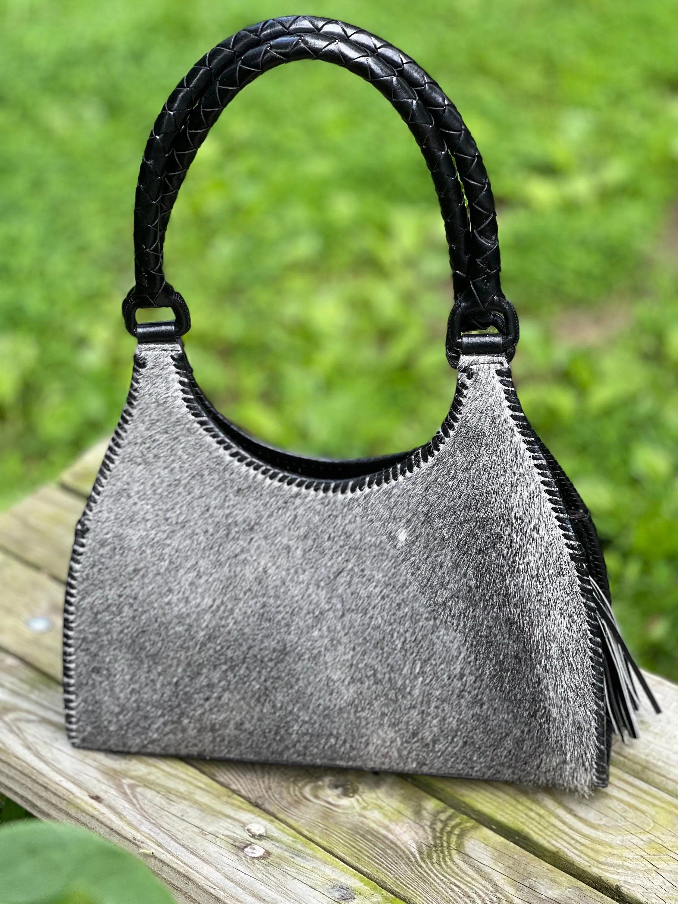 Calf Hair Leather Shoulder Hobo Bag, ALLE "LUNA PELO", Gray Tones