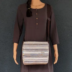 Cassette Tape Brown and Multicolored Striped Upcycled Handwoven Messenger Bag (MB1224-011) PS_W