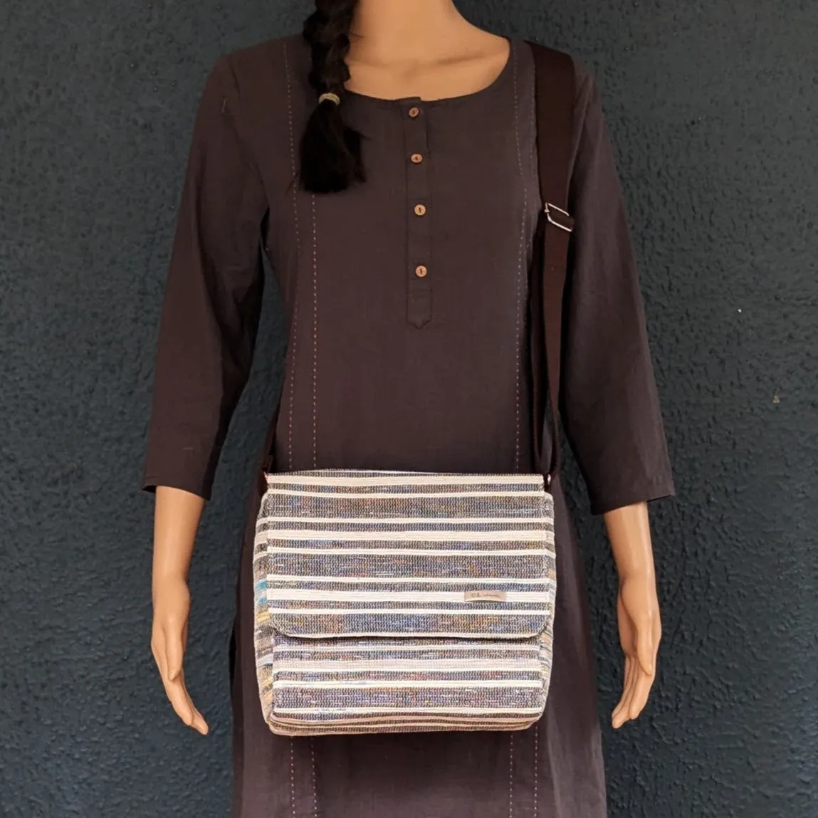 Cassette Tape Brown and Multicolored Striped Upcycled Handwoven Messenger Bag (MB1224-011) PS_W