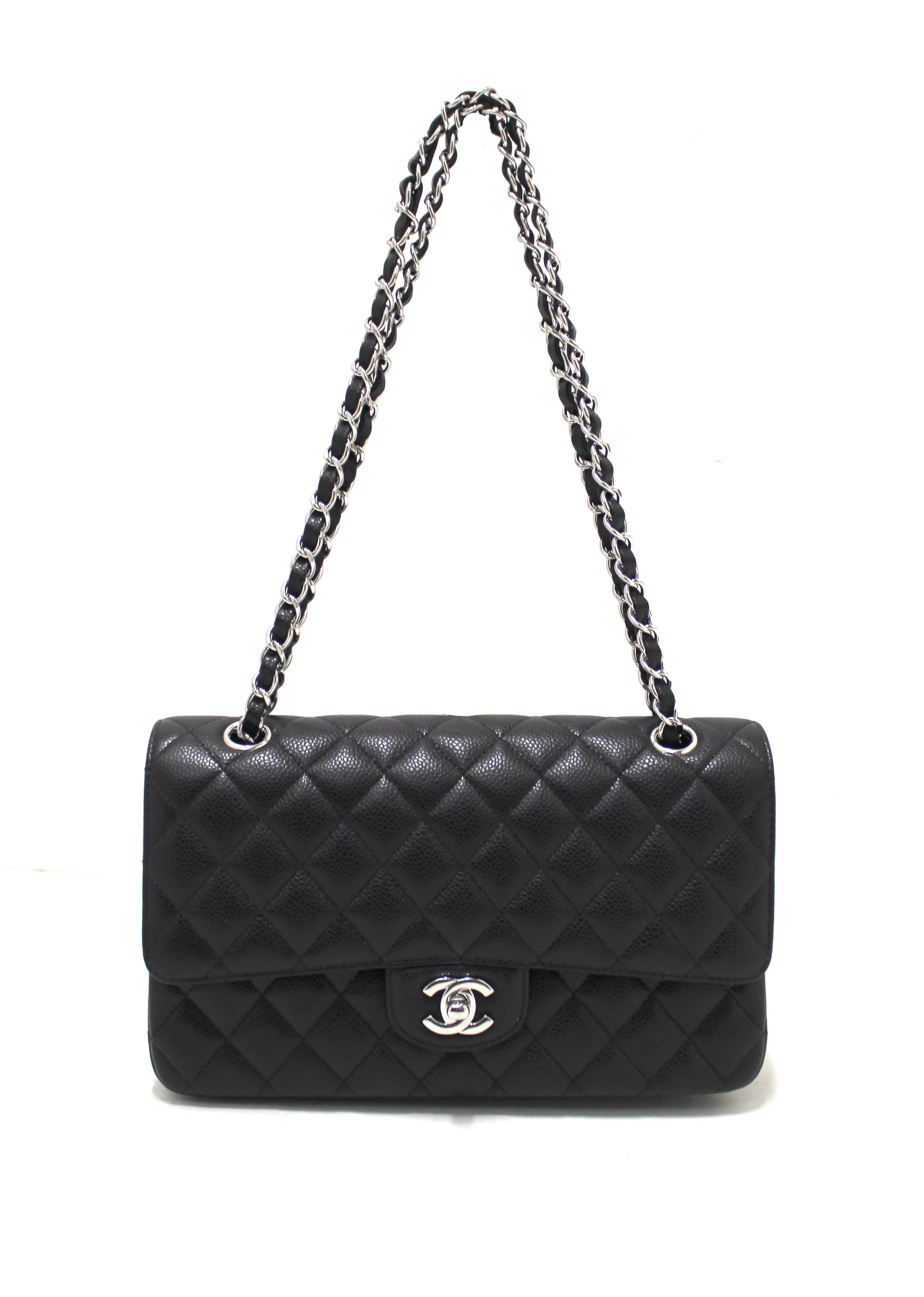 Chanel Classic Black Quilted Caviar Leather Classic Medium Double Flap Bag