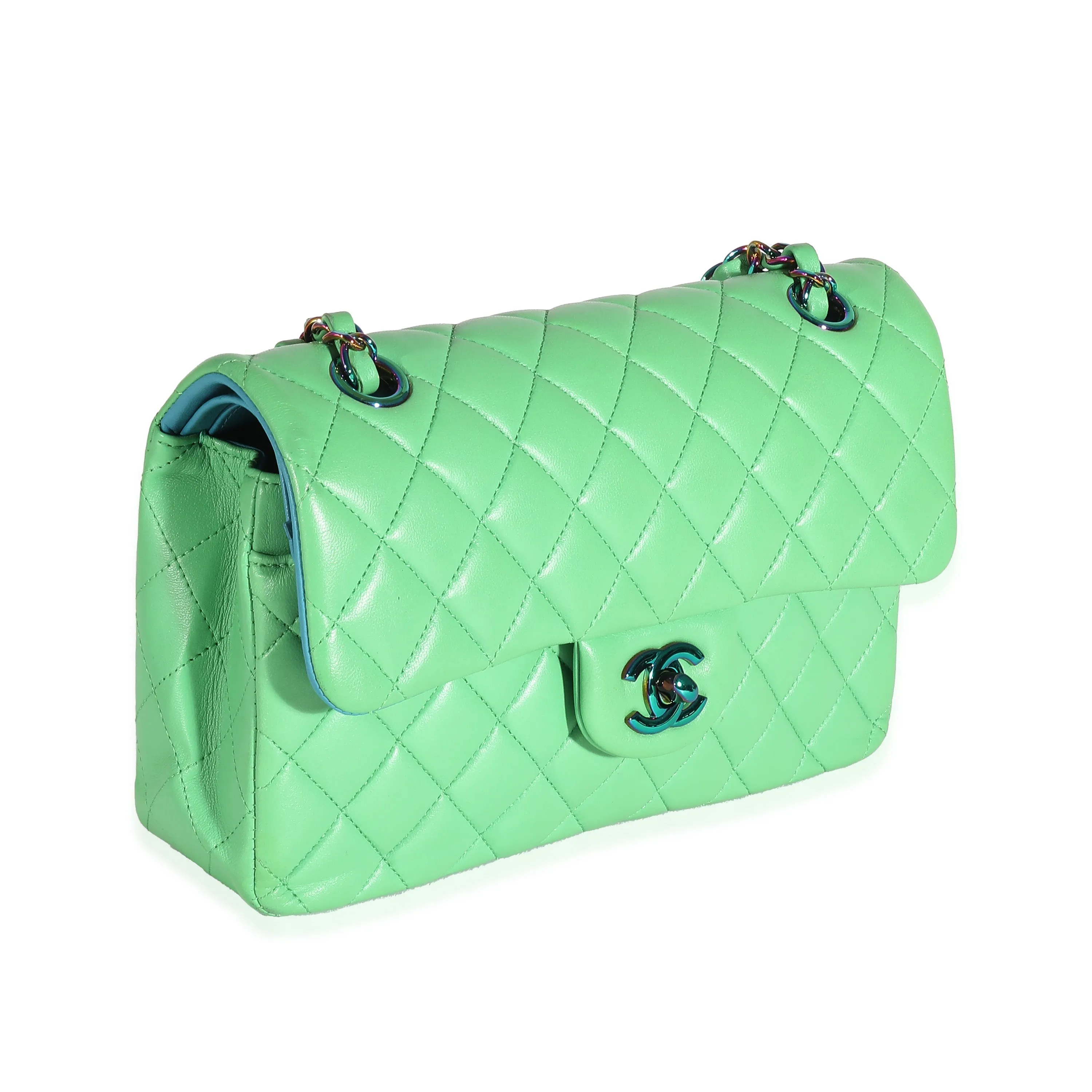CHANEL Green Quilted Lambskin Rainbow Small Classic Double Flap Bag