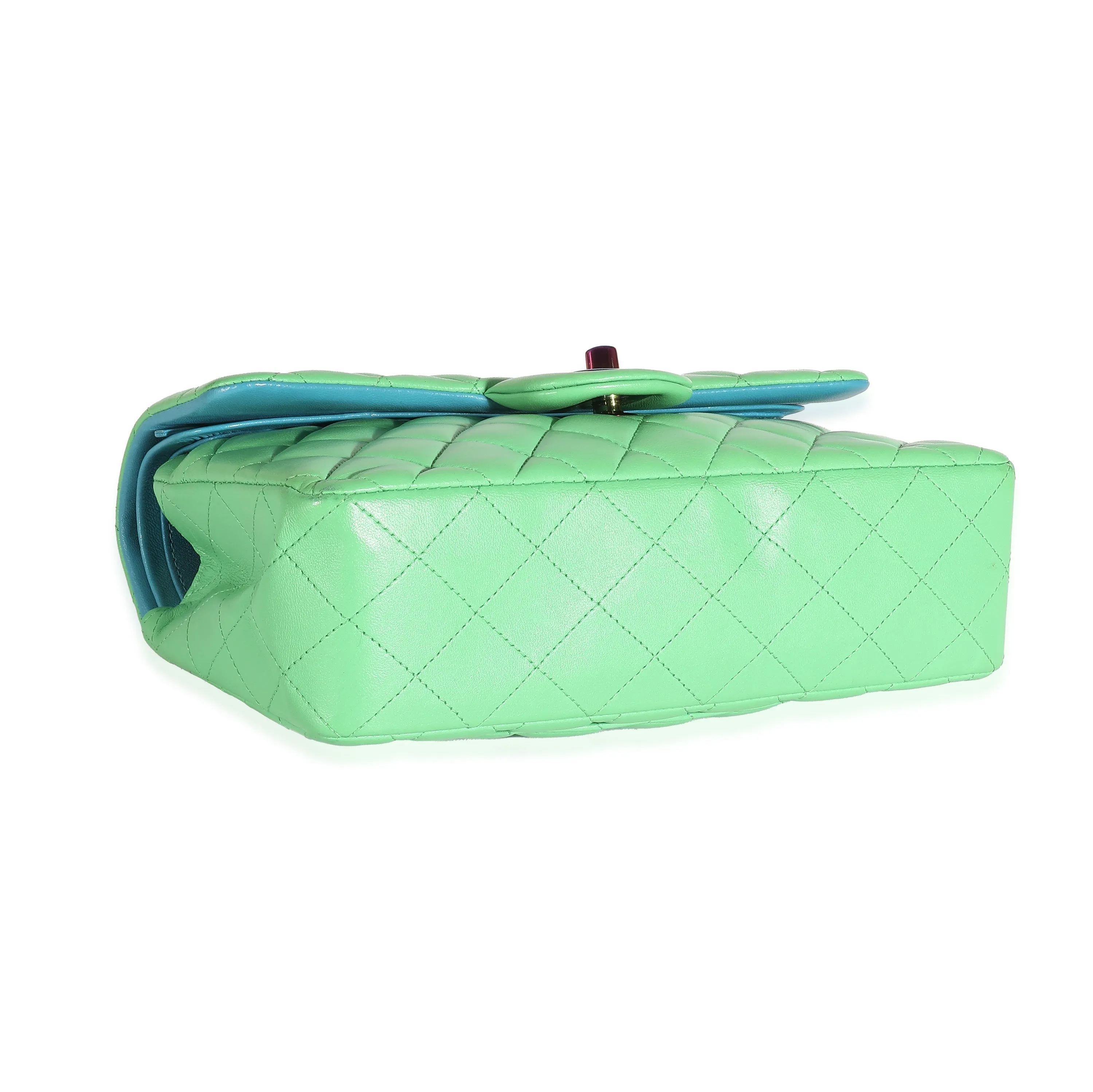 CHANEL Green Quilted Lambskin Rainbow Small Classic Double Flap Bag