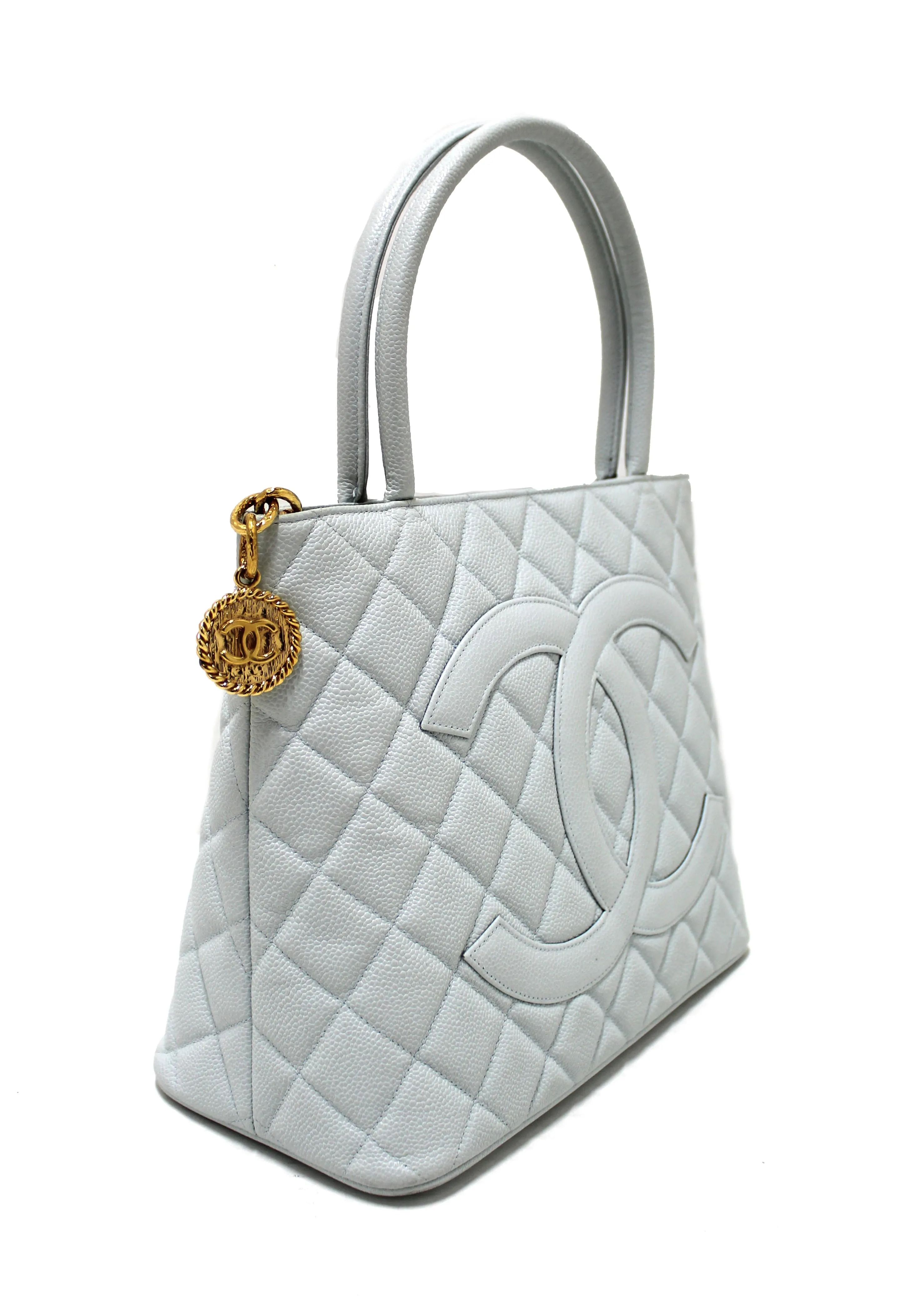 Chanel Light Blue Caviar Leather Medallion Shoulder Tote Bag