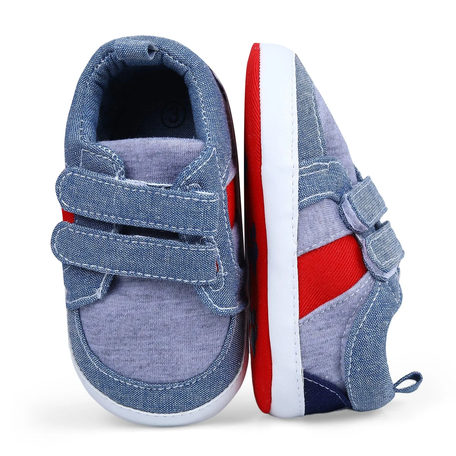 Colour Blocked Cute And Casual Denim Velcro Booties - Blue And Red