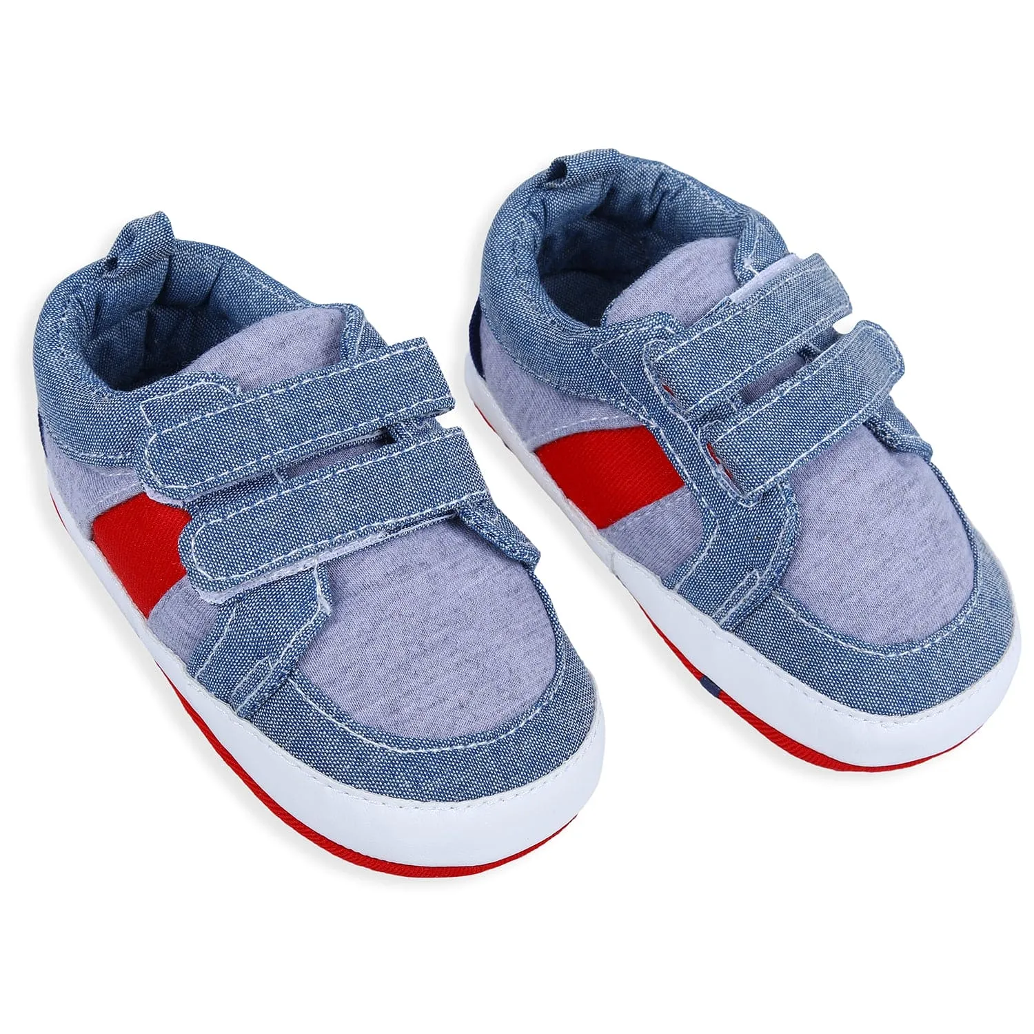 Colour Blocked Cute And Casual Denim Velcro Booties - Blue And Red