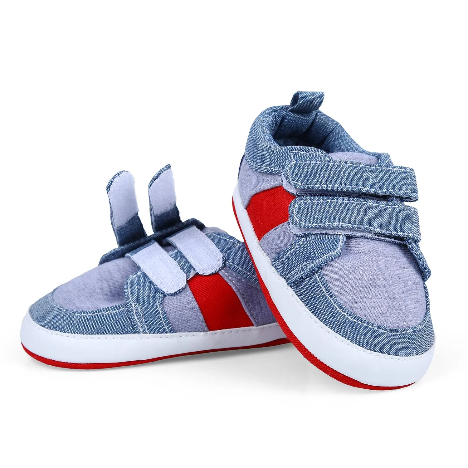 Colour Blocked Cute And Casual Denim Velcro Booties - Blue And Red